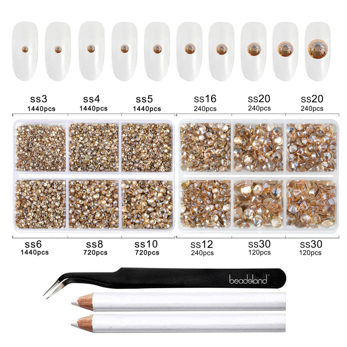 Beadsland 8300PCS Flatback Rhinestones, Gold Rhinestone Round Crystal Rhinestones for Crafts, Mixed 10 Sizes with Wax Pencil and Tweezer Kit, SS3-SS30, Golden Shadow