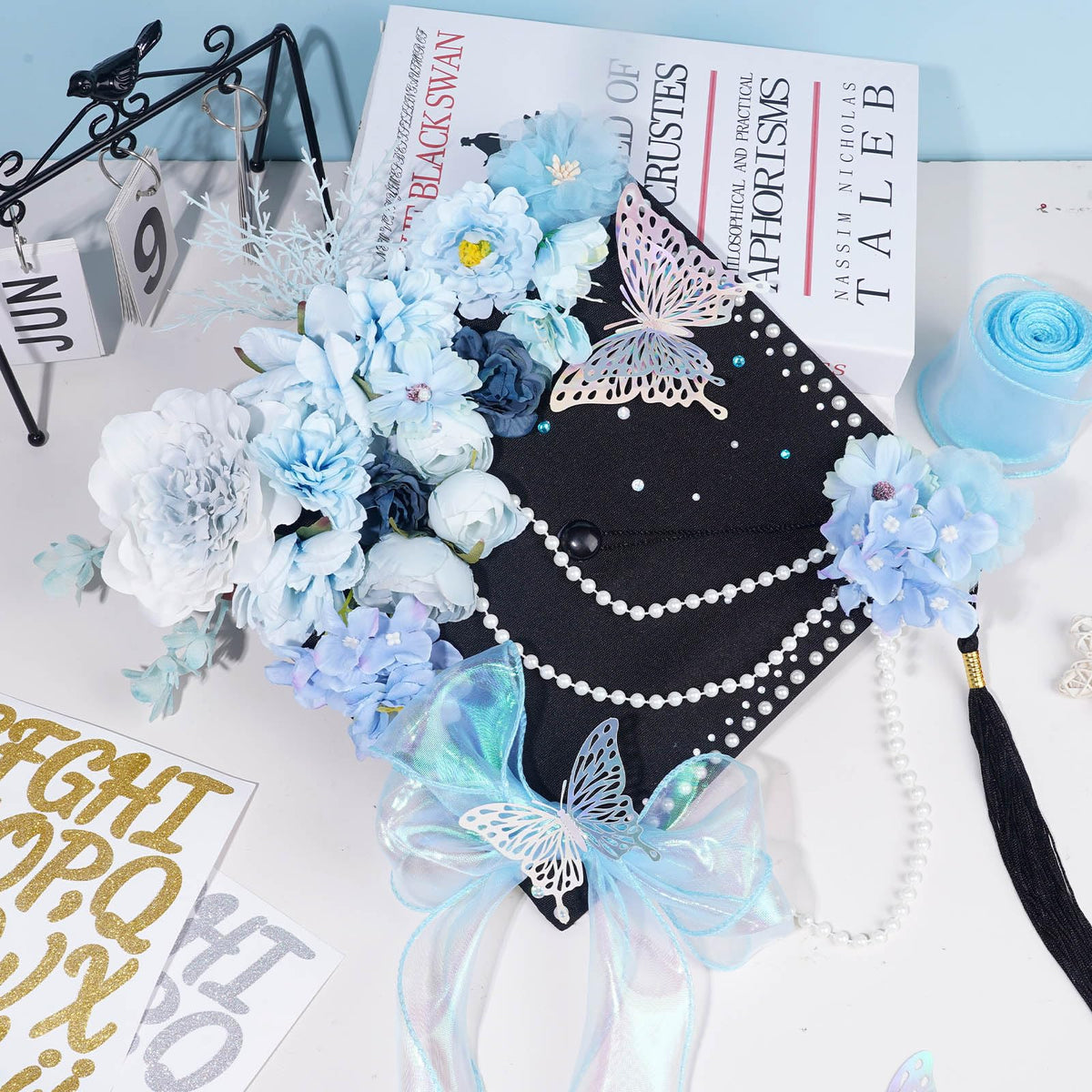 Pineraap Graduation Cap Decorations Kit, Artificial Flower Heads 3D Butterfly Stickers Rhinestones Letter Number Stickers Pearls String Decor Ribbon for DIY Grad Cap Topper Party Supplies, Blue