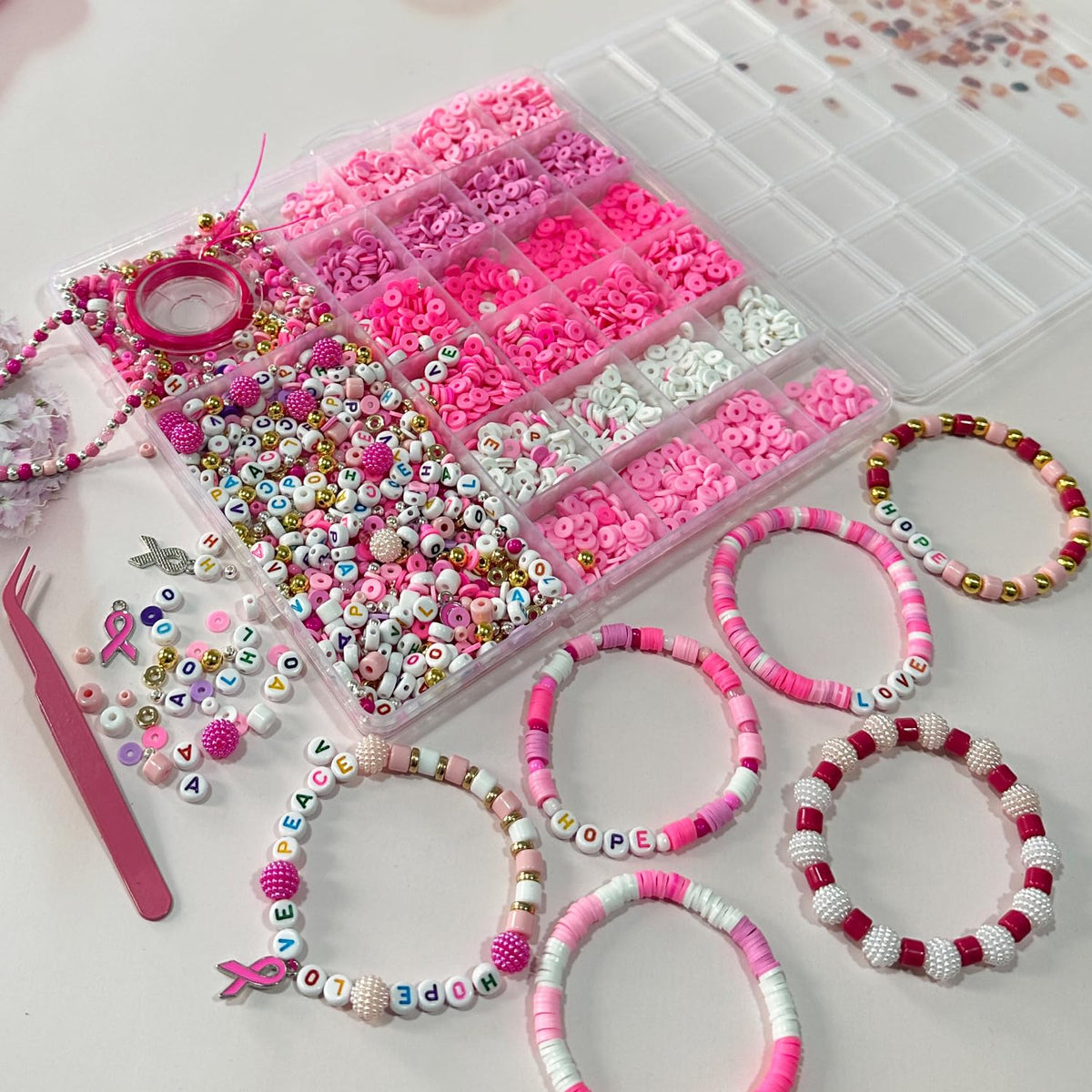 Pink Breast Cancer Awareness DIY Craft Clay Beads Kit - Pink Awareness Party Assorted Beads and Alphabet - Love Hope Peace Inspirational Bead Art DIY Craft Set, 1 Box