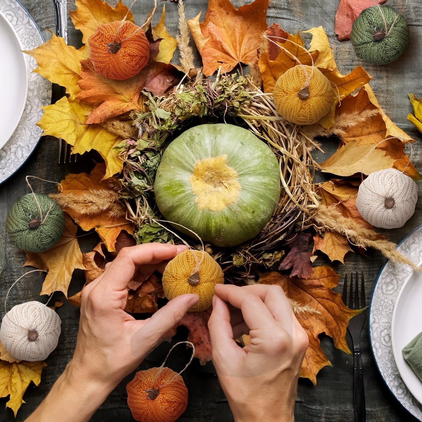 12 Pcs Mini Knit Pumpkins Fall Pumpkin Ornaments Thanksgiving Small Fall Crochet Ornaments Decorative for Autumn Rustic Farmhouse Harvest Decoration (Mini Autumn Set)