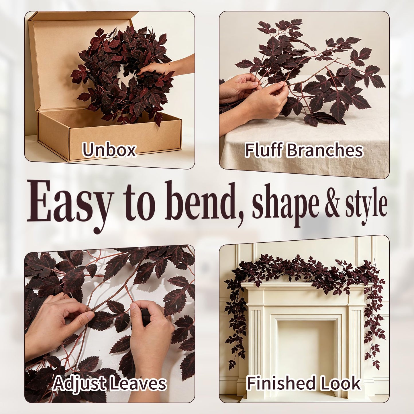 Fall Decorations for Home-6FT Dark Plum Fall Garland, Fuller Artificial Autumn Leaf Garland for Mantel, Fireplace, Table, Moody Thanksgiving Halloween Decor with Flexible Branches for Indoor Styling