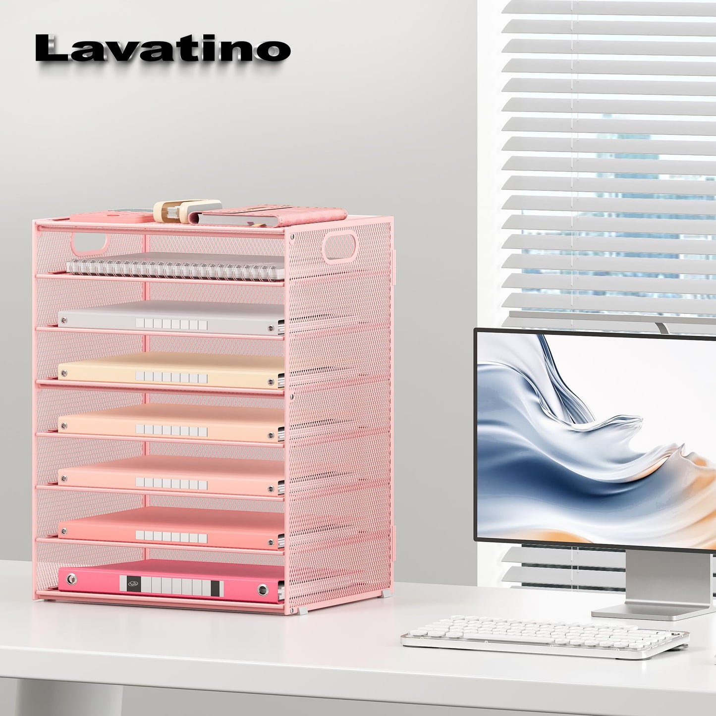 Lavatino 8-Tier Letter Tray Desk Paper Organizer, Mesh File Sorter Tray Organizer for Desk Office Supplies & Home Organization, Fits A4 Paper, Mail, Magazines and Office Accessories (Pink with Handle)