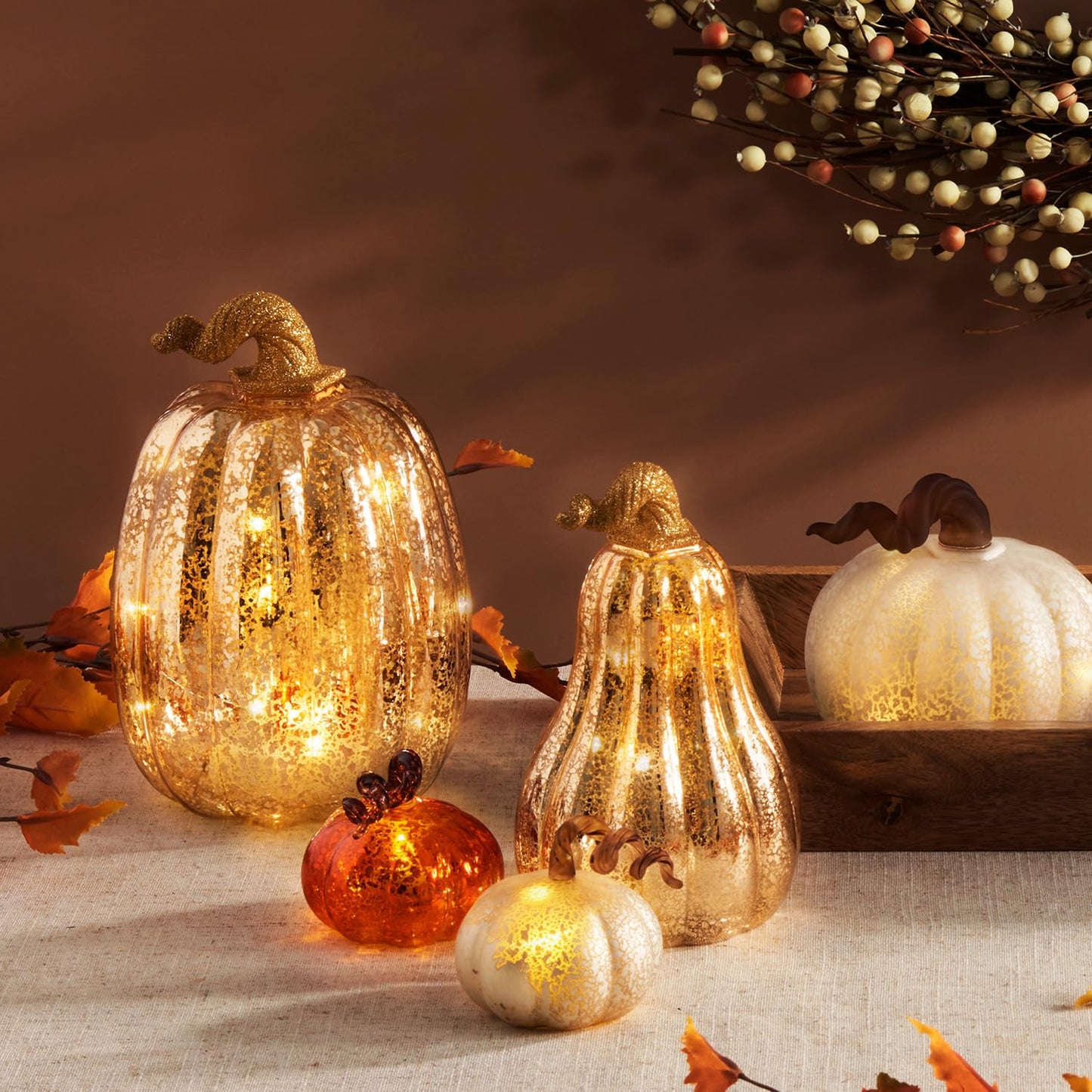 Gold Glass Pumpkin with Lights - Set of 3, Mercury Glass Style, Batteries Included, Thanksgiving Harvest Decorations, Timer, LED Lighted Gold Pumpkins for Decorating Fall