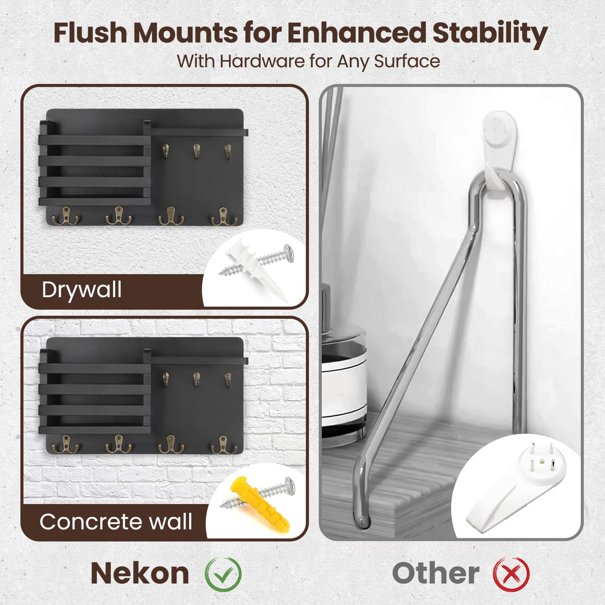 Nekon Mail Holder for Wall Mail Organizer with Key Hooks Hallway Farmhouse Decor Storage Racks with Floating Shelf and Flush Mount Hardware (16.8Inch x 10Inch x 3.2Inch)