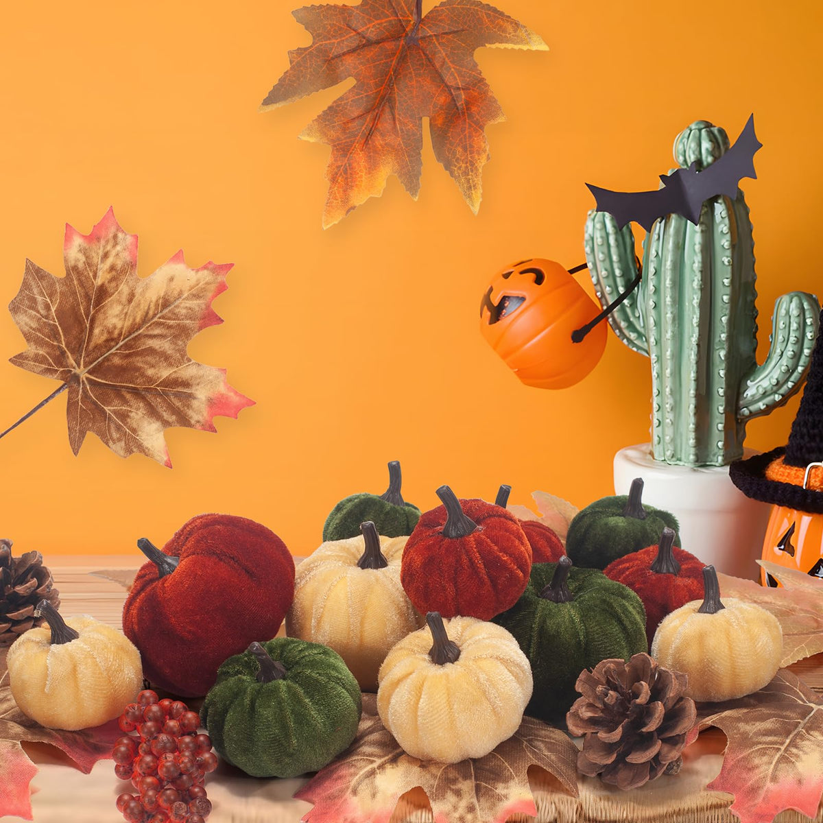 GHGMAO 21 PCS Pumpkins Decor Set, 3 Sizes Fake Velvet Pumpkin, Dark Green Brown Gold Small Foam Pumpkins for Thanksgiving Farmhouse Fall Harvest Autumn Decorations Table Centerpiece