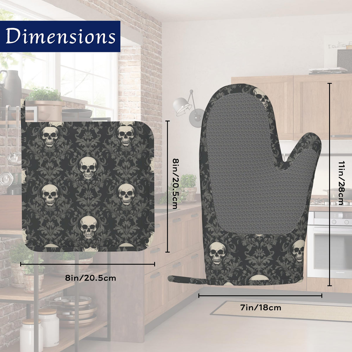 Gothic Black Skull Pot Holders and Oven Mitts Set Silicone Halloween Skulls Kitchen Gloves Potholders Heat Resistant Washable,Chef Cooking Baking Gifts for Women Men Bakers Lover Cooks