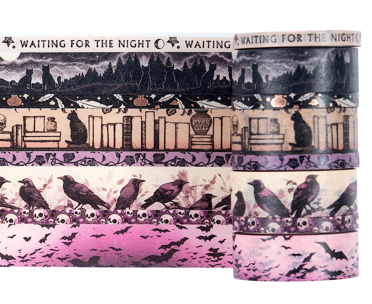 Conquest Journals Waiting for the Night Washi Tape Bundle, 8 Rolls, 4 15mm Rolls and 4 Corresponding 5mm Rolls, Goth Inspired Washi for All Your Planning, Journaling and Scrapbooking Projects