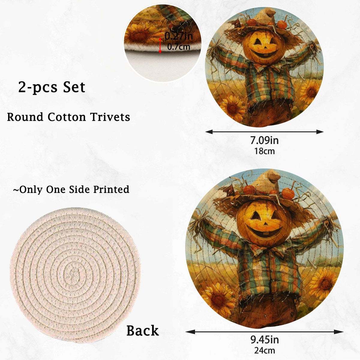 Peystean Kitchen Set of 2 Potholders Trivets, Funny Pumpkin Scarecrow Sunflower Field Woven Hot Pot Coasters Placemats for Cooking Baking Hot Dish Pan Pot Bowl Teapot(7&9 Inches Diameter)