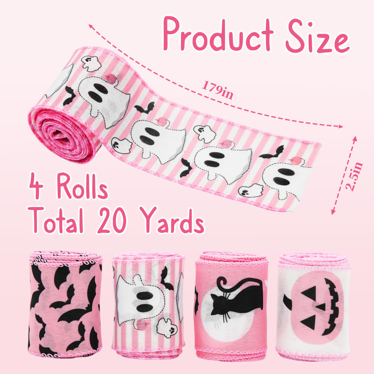Craflox Pink Halloween Wired Ribbon for Wreath Bows, 4 Rolls, 2.5″ Wide, 20 Yards Total, Pastel Girly Halloween Ghost Wired Ribbons for Crafts Supplies, Pumpkin Cat Ribbon Bow