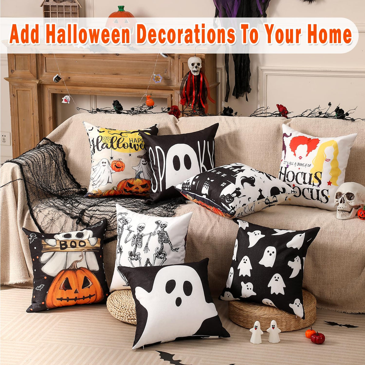 multiwins Halloween Decorations Set of 4 Double-Sided Print Ghost Pillow Covers 16" x 16", with 8 Cute Halloween Decor Patterns, Soft Linen Throw Pillow Covers for Outdoor & Indoor Use