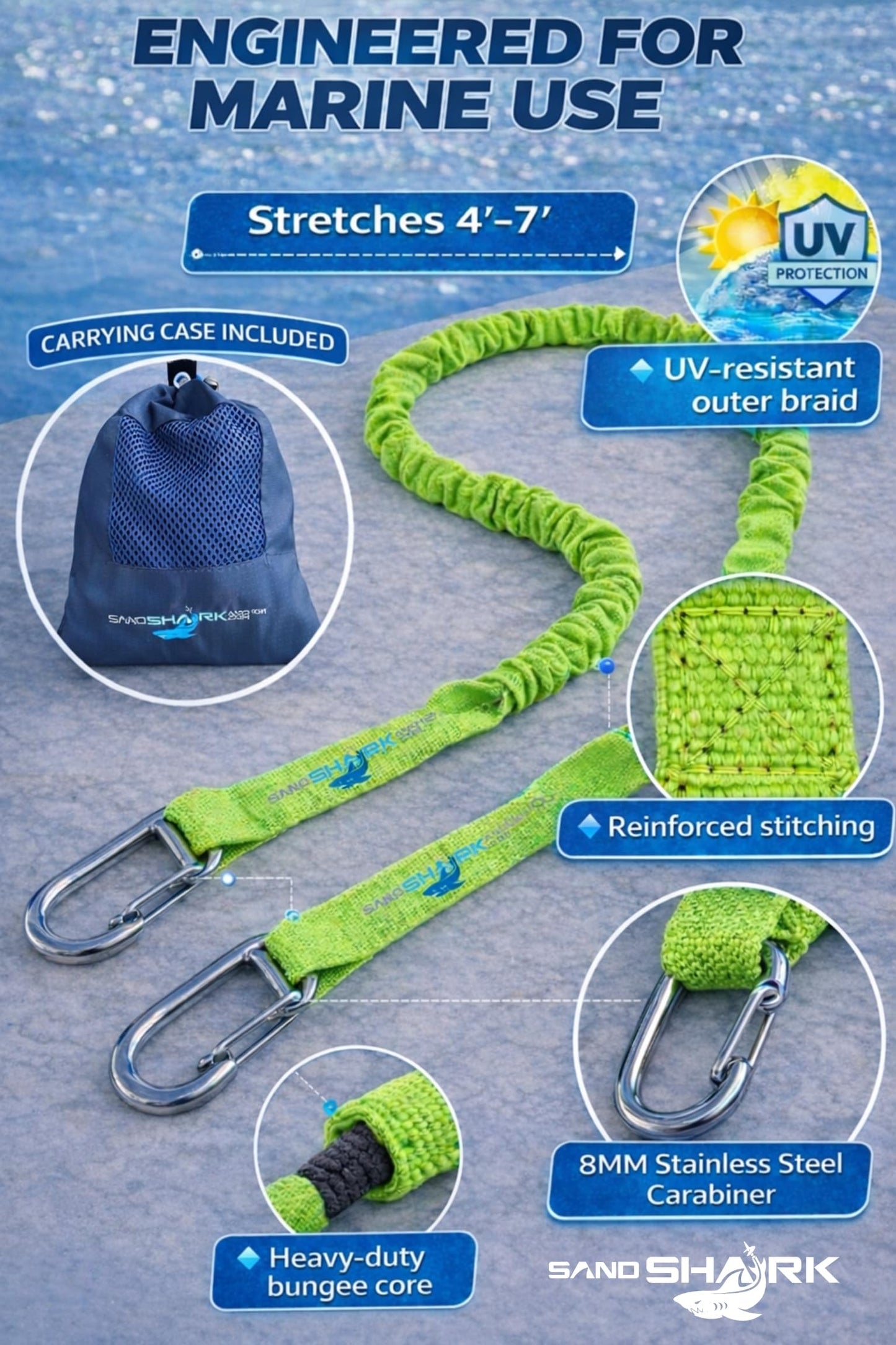 SandShark Premium Flat Bungee Dock Line – Stretches 4-7 FT - Boat & Jet Ski Dock Lines with Stainless Steel Carabiners – Shock Absorbing Mooring Rope for PWC, Boats & Pontoons. Neon Green