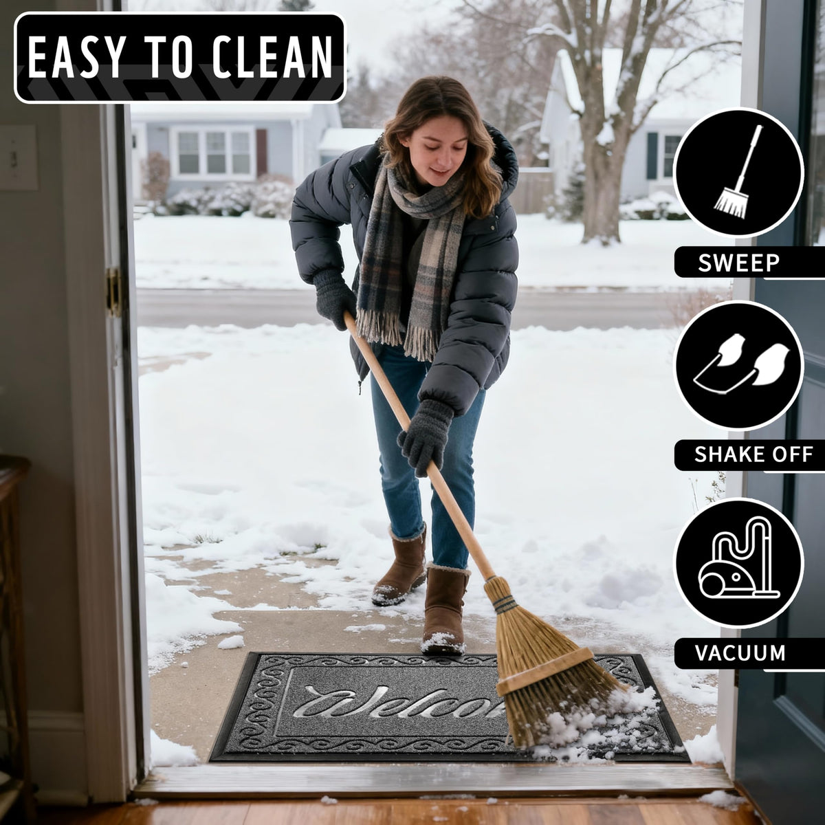Yimobra Welcome Mat, Heavy Duty Sturdy Door Mats for Home Entrance Outdoor Indoor, Front Doormat for Outside Patio Floor Entry Porch Garage Office, Waterproof, Low Profile, 29.5x17, Black Grey