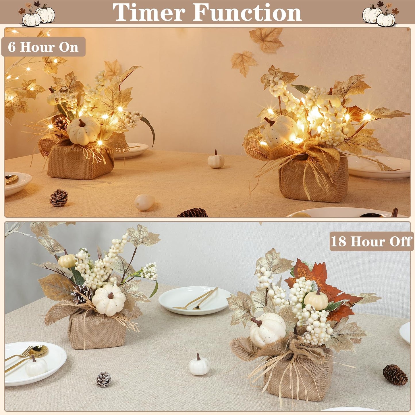 2 Styles & Timer Fall Decor- 2 Pack 11 Inch Tabletop Maple Tree Fall Decorations for Home, Lighted Fall Trees with 20 LEDs Battery Powered Leafed Pumpkin Cones Berry Autumn Thanksgiving Decorations