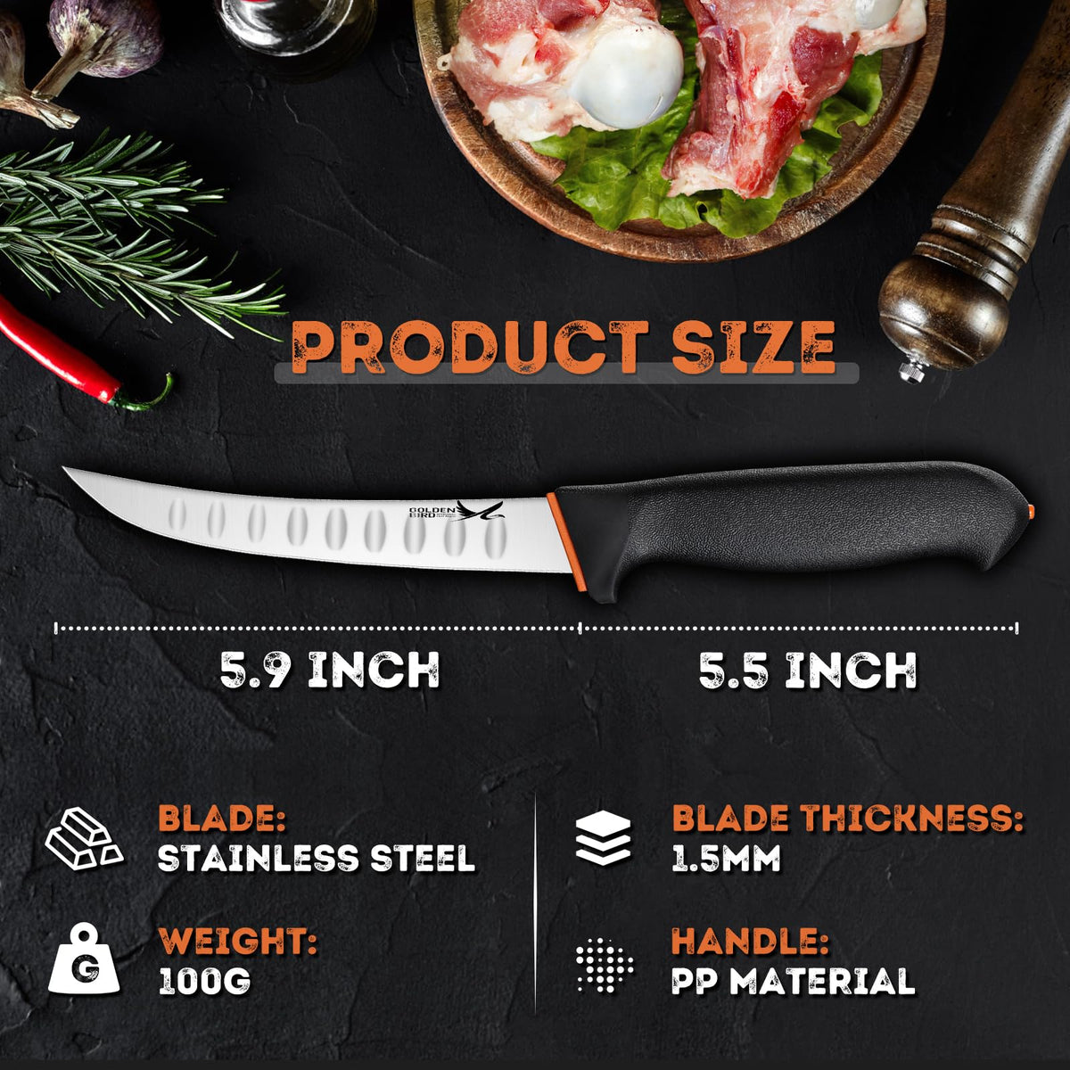 Golden Bird Professional Boning Knife - 6 Inch Stainless Steel Fillet for Meat Cutting, Multifunction Butcher, Granton Edge Breaking, Razor Sharp Chef Knife, Gifts for Men Women