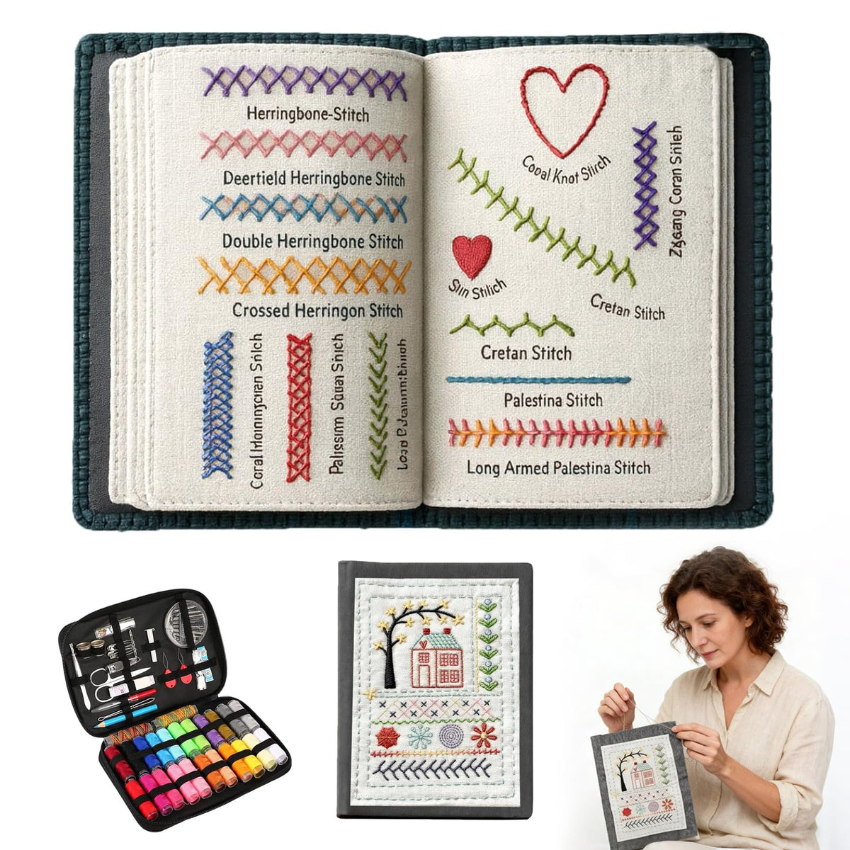 Embroidery Stitch Book Kit for Beginners, 106 Patterns with 86-Piece Tools, Portable DIY Learning Book with Video Tutorials, Mindfulness Hand Embroidery Starter Kit for Adults, Relaxing Craft Gift