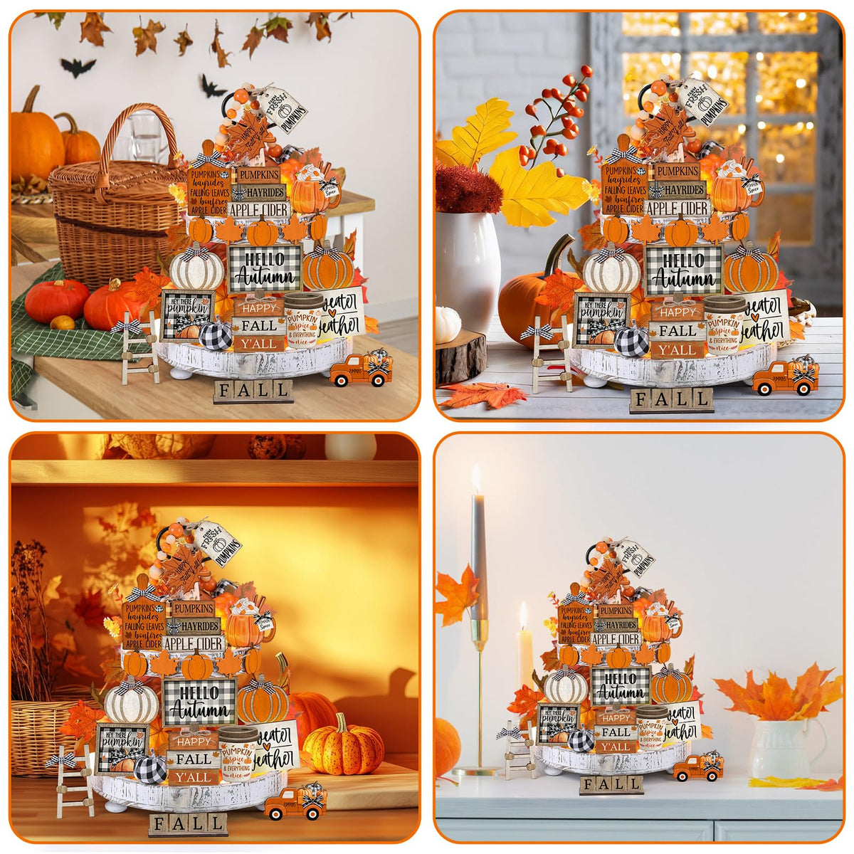 DoubleFill 21 Pcs Fall Thanksgiving Tiered Tray Decoration Set Thanksgiving Table Sign Pumpkins Farmhouse Gnome Maple Leaves Centerpieces Harvest Wood Blocks Signs Fall Block Tabletop for Autumn