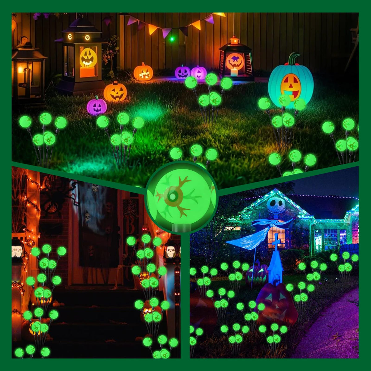 MOUOUSO Solar Halloween Lights，2 Pack Outdoor Halloween Decorations Lights, 12LED Green Eyeball Swaying Lamps for Garden Decor, Yard, Lawn, Party Decorations