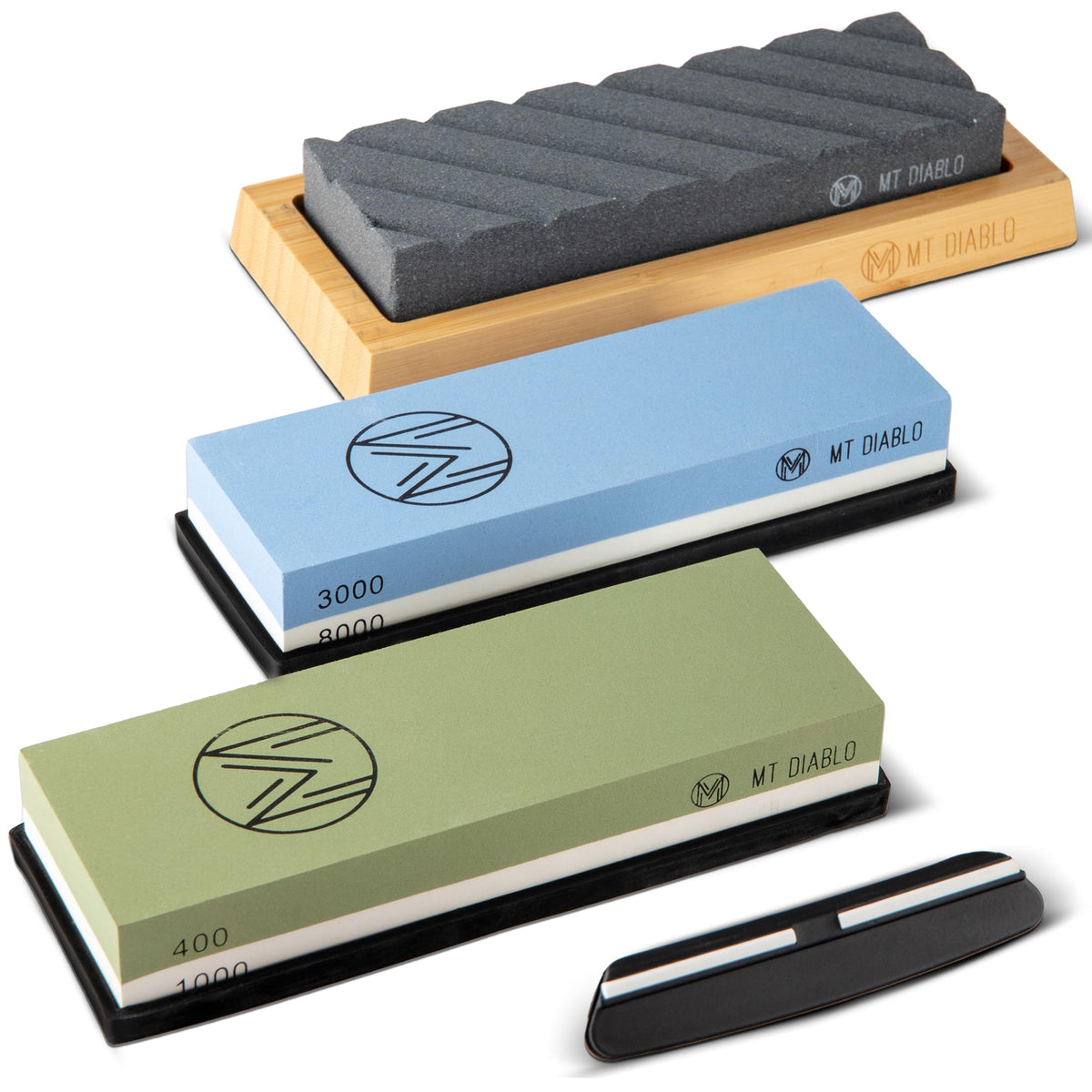 Mt Diablo Knife Sharpener Stone Kit for Chefs & Woodworkers: Dual-Grit Whetstones 400/1000 & 3000/8000, Premium White Corundum, Knife Sharpening Kit with Bamboo Base & Angle Guide, Flattening Stone