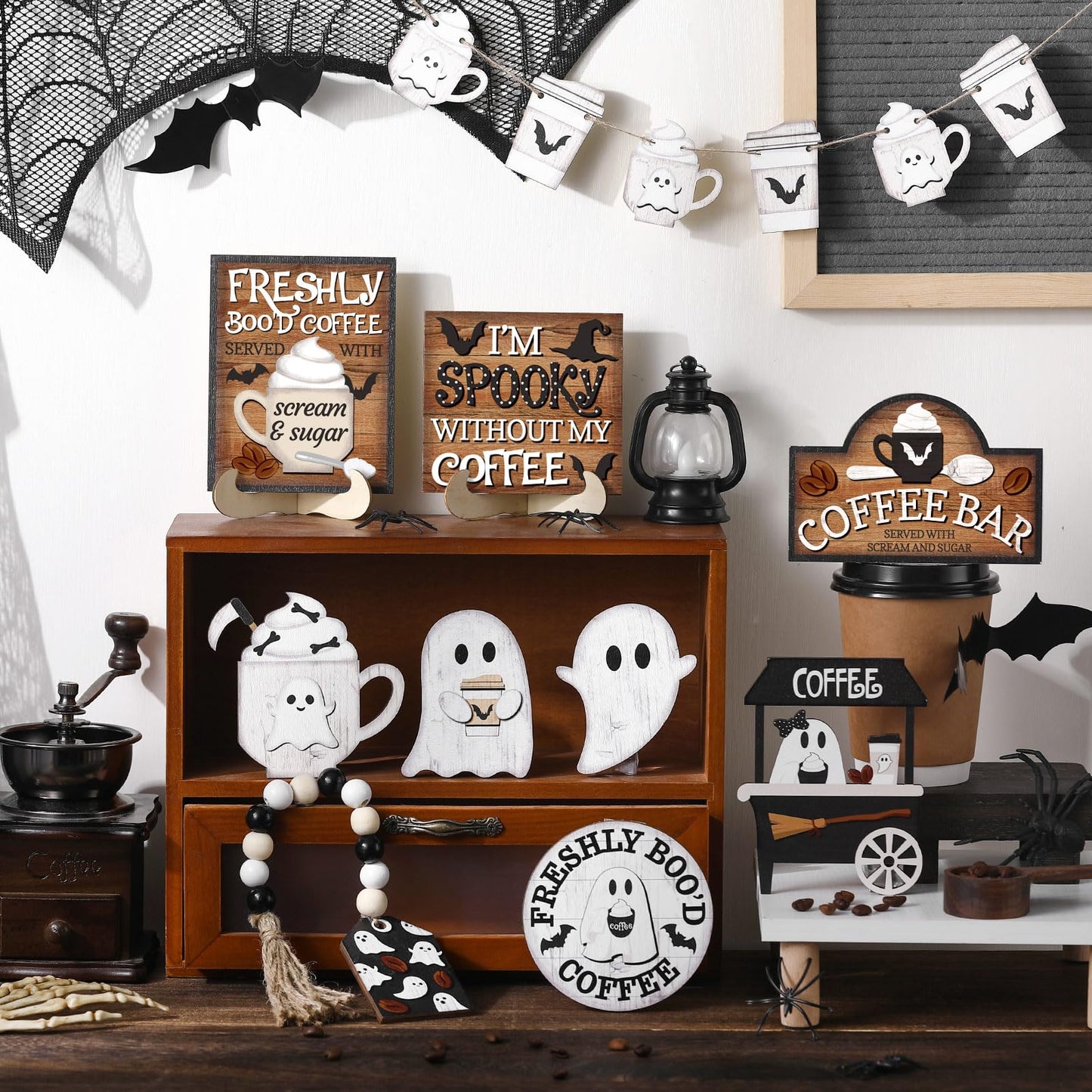 Wonderjune 19 Pcs Halloween Coffee Tiered Tray Decor Rustic Ghost Coffee Bar Table Decor Black and White Spooky Mini Wooden Signs Farmhouse Halloween Decorations for Home Table Office Party Supplies