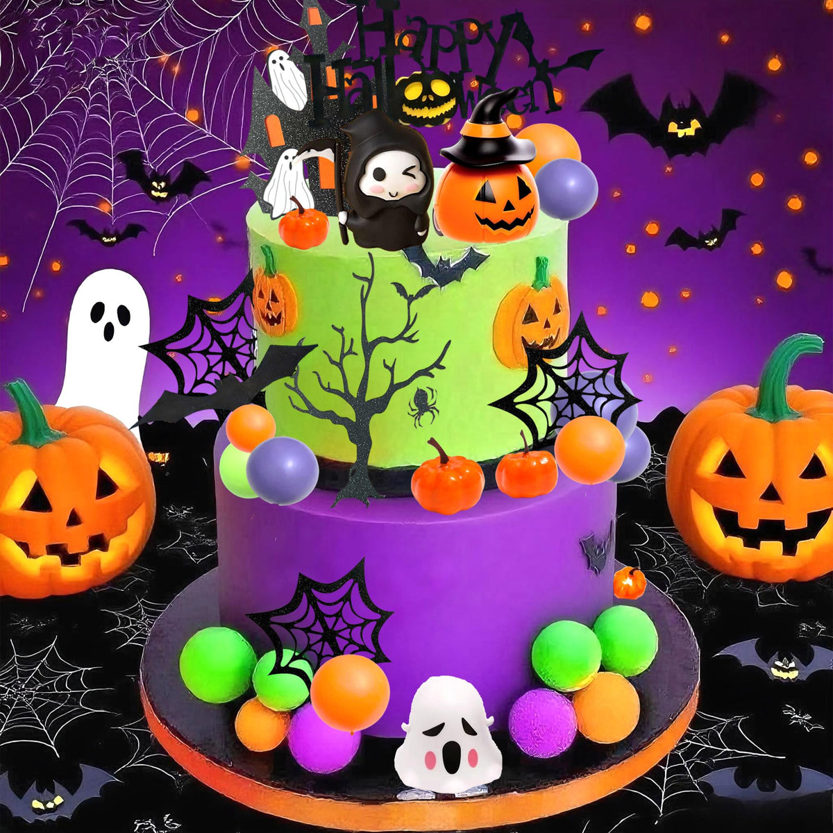 Tyotrbs Halloween Cake Toppers 3D Pumpkin Bat Ghost Cake Balls Cake Decorations Happy Halloween Cake Topper For HalloweenParty Supplies