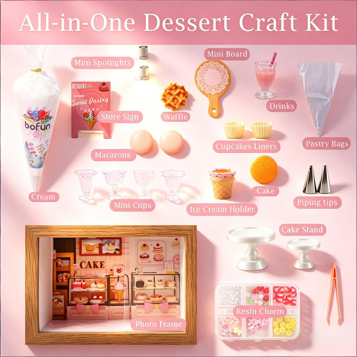 BoFUN Miniature Dessert Craft Kit, DIY No-Bake Mini Food Set with Display Frame for Teens & Adults - Ideal for Dollhouse Decor, Fake Cake & Ice Cream Making