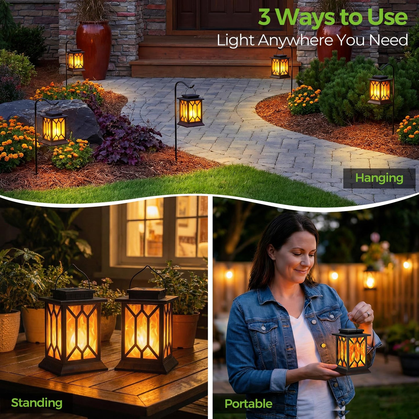 BOBKID 2 Pack Solar Lanterns Outdoor Waterproof, Flickering Flame Outdoor Lights, Hanging Solar Lantern Lamps Decorative, Solar Powered Lighting for Outside Garden Yard Patio Path Tree Decor
