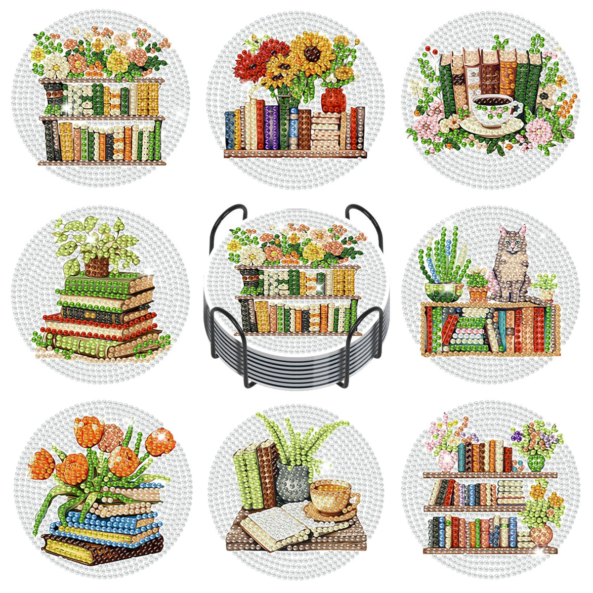 GEEHEIY Book Lover Diamond Art Coasters Kit for Adults, 8PCS DIY Floral Bookshelf Diamond Painting Coasters with Holder, Cozy Reading Aesthetic Home Decor Gifts