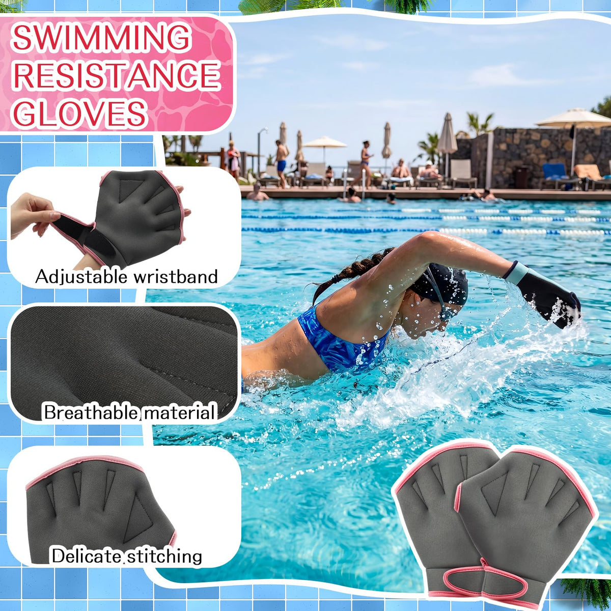 WinnerWhy 6 Pcs Aquatic Exercise Set Water Aerobic Equipment Large Mesh Beach Bag Pool Fitness Equipment Foam Dumbbell with Handle Strip Swimming Belt Gloves for Aquatic Fitness Weight Loss(Pink)