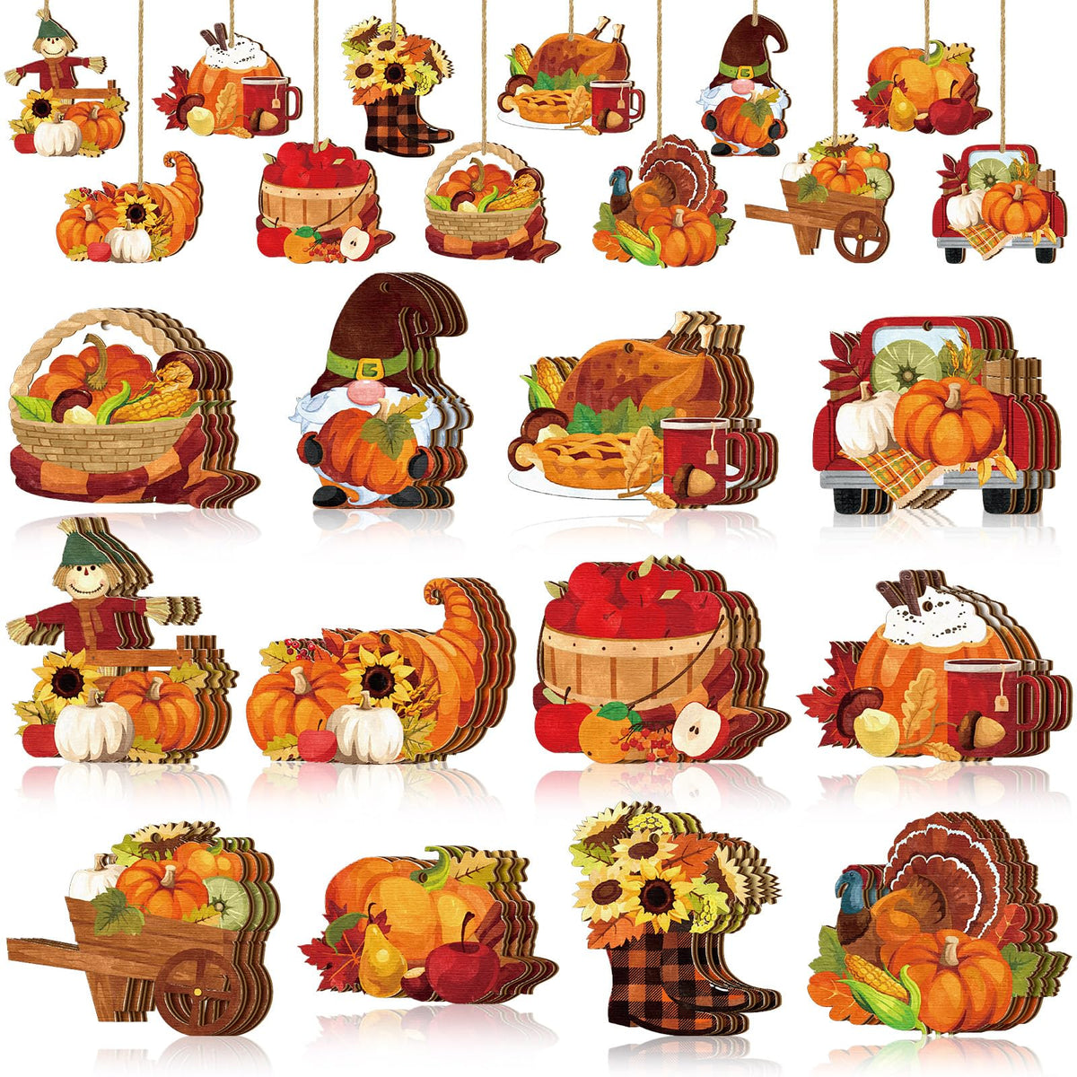 Huwena 36 Pcs Thanksgiving Tree Ornaments Fall Tree Decorations Pumpkin Scarecrow Turkey Gnome Wood Cutouts with Ropes Fall Wooden Ornaments for Autumn Harvest Party Decor