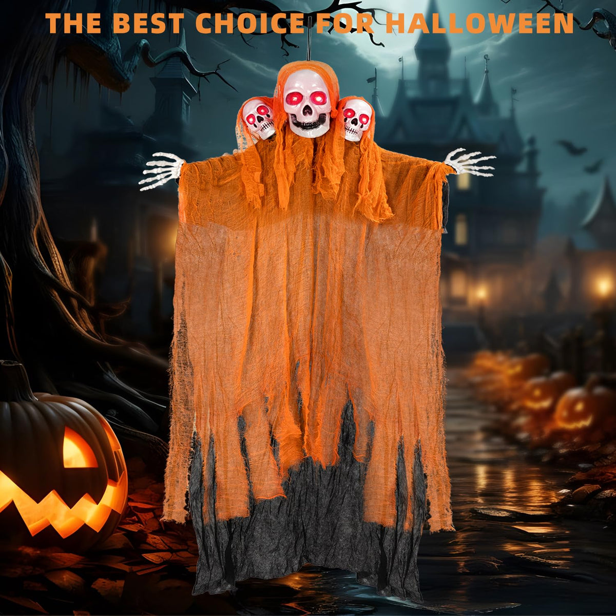 Kendane Halloween Decorations Outdoor and Indoor,Halloween Hanging Ghosts,Scary Grim Reaper Skeleton with Light-Up Eyes and Creepy Sound,Scary Party Decorations for Yard,Lawn,Haunted House Decor