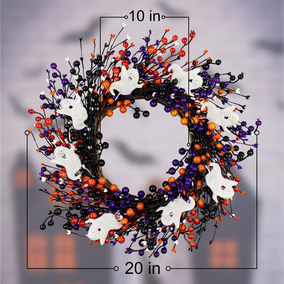 MG MagicGarden 20-Inch Halloween Wreath - Handmade Orange & Black Berry Wreath with Adorable Mini Ghosts, Spooky Front Door Decor for Halloween Party