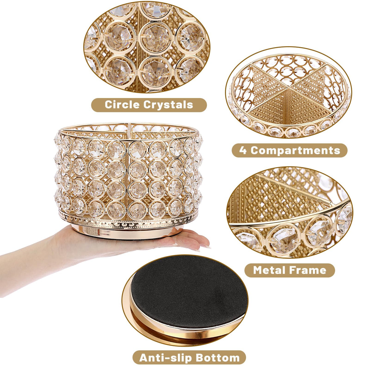 BTSKY Crystal 360 Degree Rotating Desk Organizer Decorative Storage Box with 4 Compartments, Glitter Metal Makeup Brush Holder Elegant Storage Caddy Home Decor Gift for Women, Round-4 Slots Gold