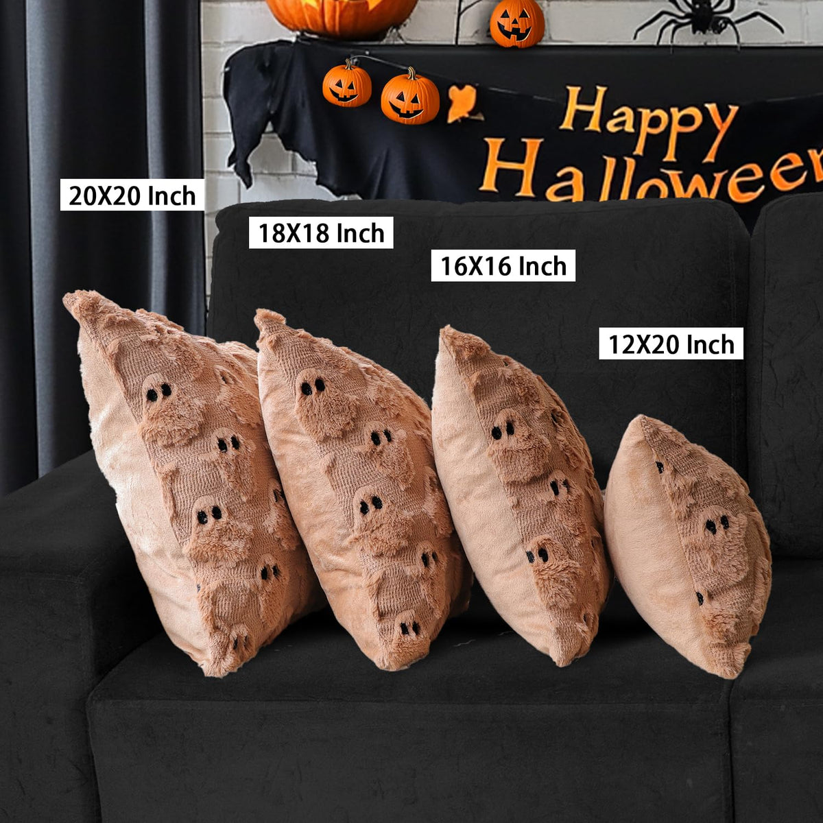 4TH Emotion Halloween Ghost Decorative Pillow Covers 16x16 Set of 2, Light Brown Soft Plush Faux Fur Farmhouse Throw Cushion Cases for Fall Autumn Holiday Home Decorations