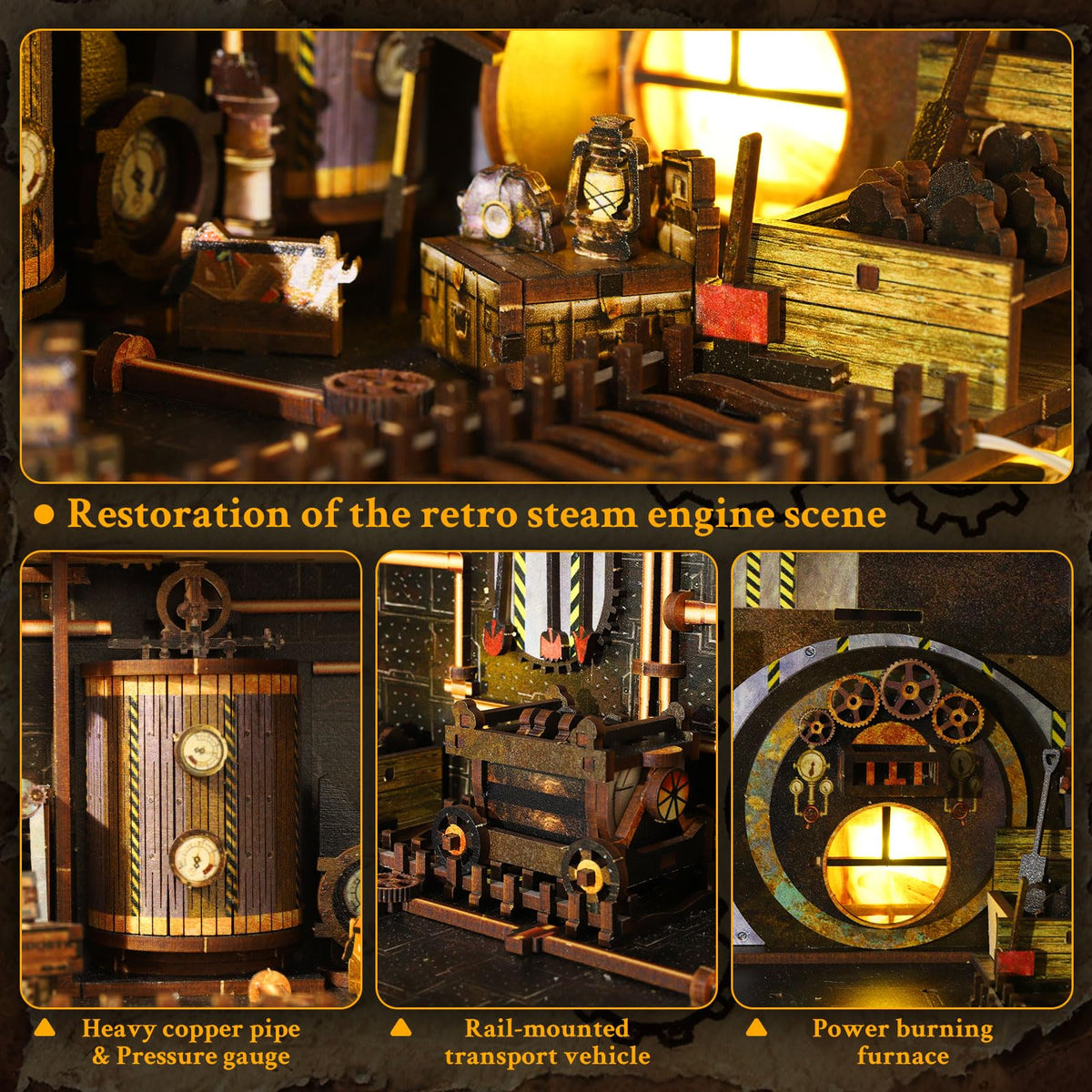 Book Nook, DIY Miniature House Kit, 3D Puzzle Wooden, LED Lights, Decor Crafts for Adults Teen Gifts(Steampunk Industria)