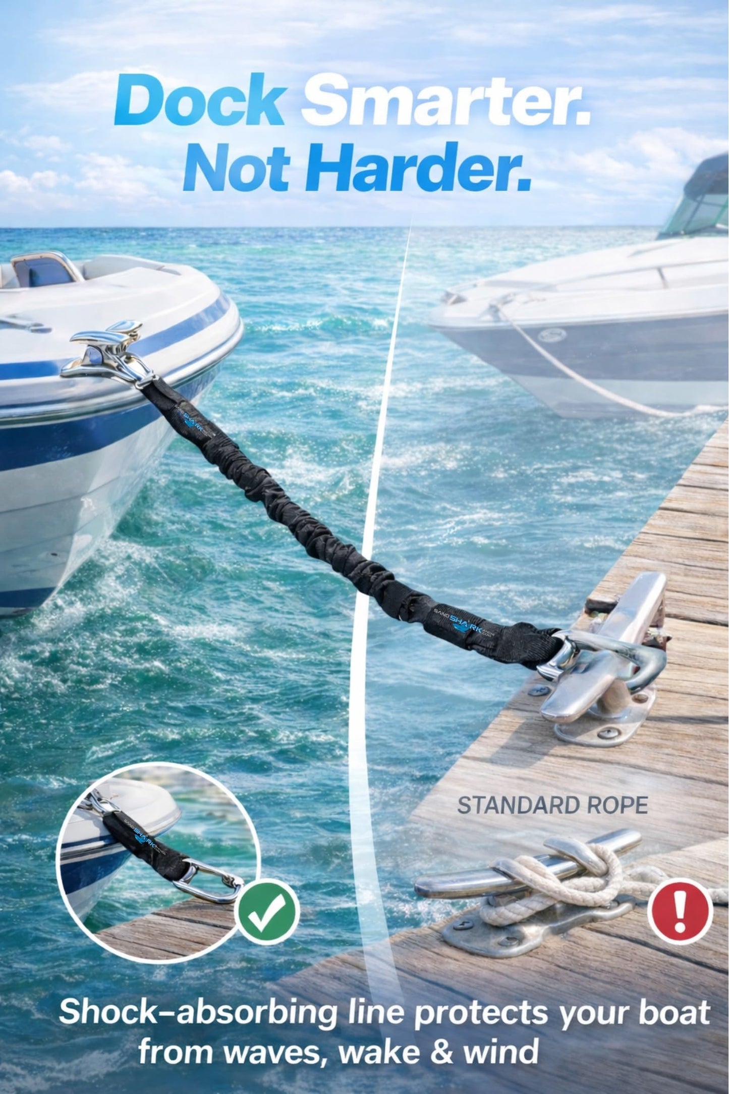 SandShark Premium Flat Bungee Dock Line – Stretches 4-7 FT - Boat & Jet Ski Dock Lines with Stainless Steel Carabiners – Shock Absorbing Mooring Rope for PWC, Boats & Pontoons. Blue
