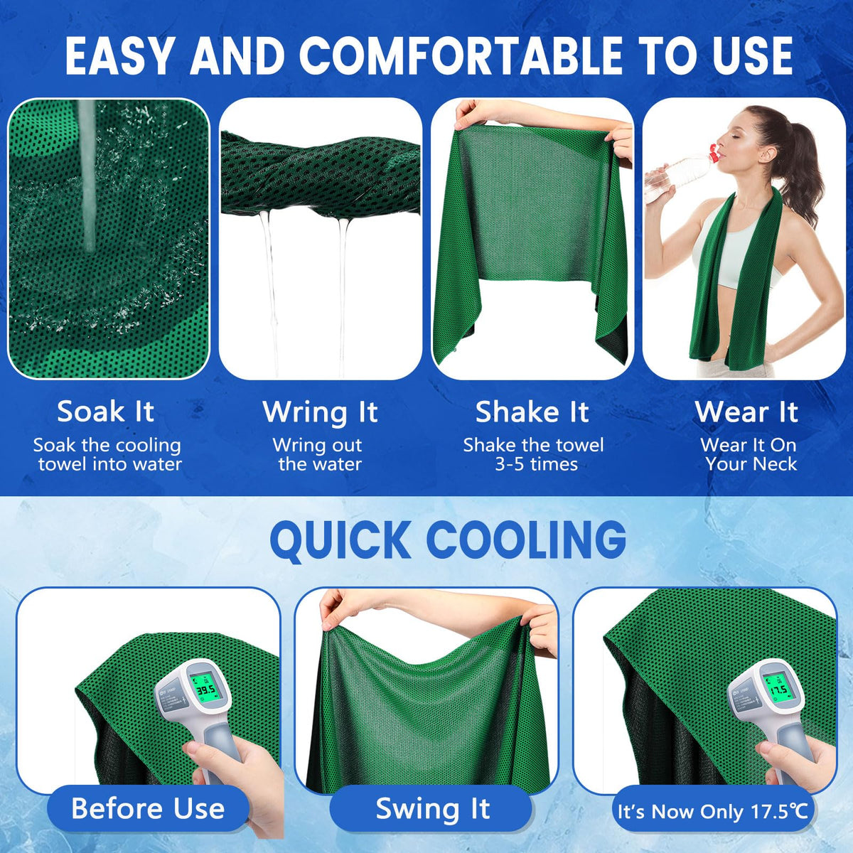 Hosuly 15 Pack Cooling Towels 40" x 12" Cooling Towels for Neck and Face Iced Towel Microfiber Soft Breathable Chilly Yoga Towel for Hot Weather (Green)