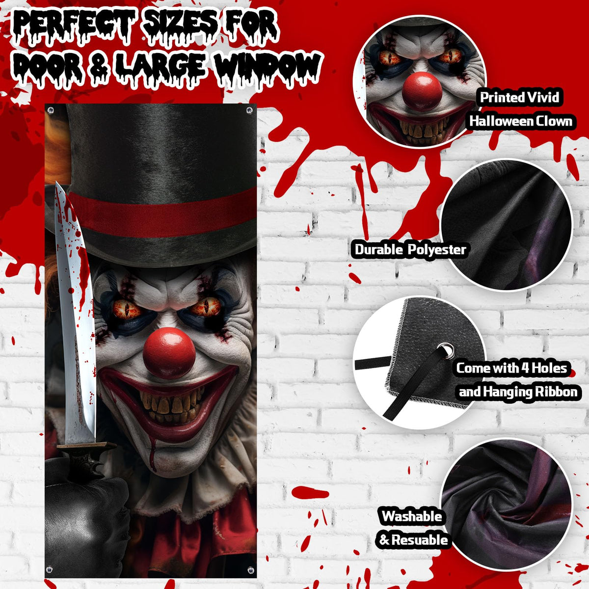HunnmingRe Clown Door Cover Decoration Carnival Clown Decorations 70 x 35 Inch Scary Circus Backdrop Hanging Halloween Door Banner for Party Decoration(Killer Clown)