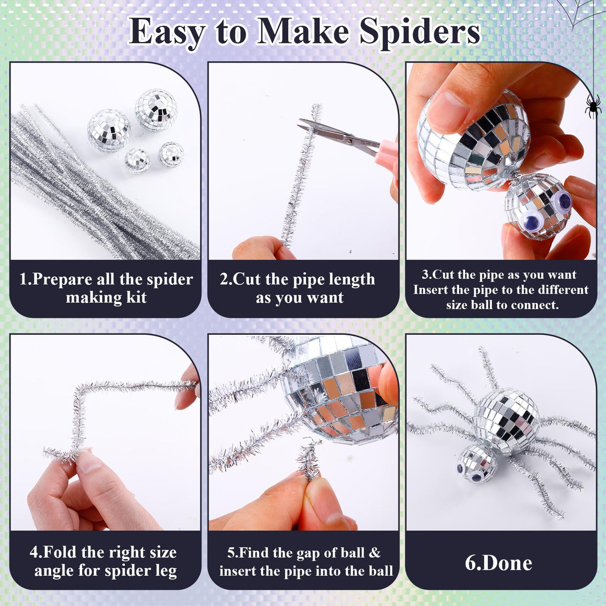 24 Pcs Halloween Disco Spiders Halloween Disco Decor DIY Disco Spiders Making Kit for Halloween Party Decor Glitter Disco Ball with Sparkle Pipe Wiggle Googly Eyes for Halloween DIY Spiders (Spider Shape)