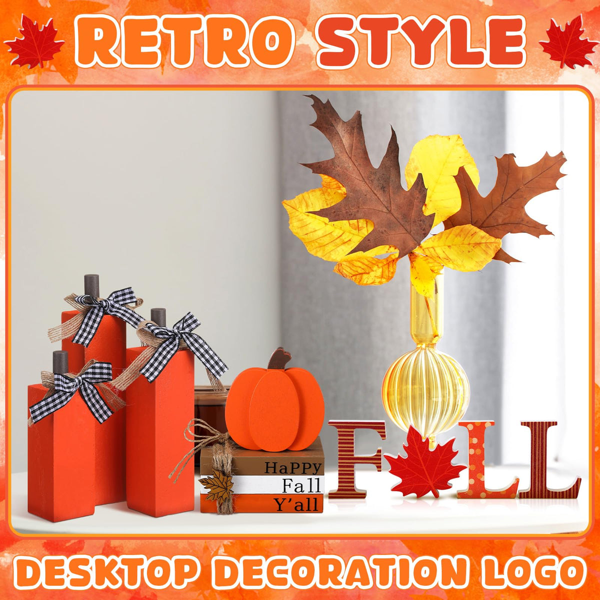FoldTier 11pcs Thanksgiving Fall Decorations for Home Pumpkin Tiered Tray Decor Fall Table Decoration Maple Leaf Wooden Sign Autumn Pumpkin Tabletop Stack Faux Books Centerpiece for Shelf Harvest