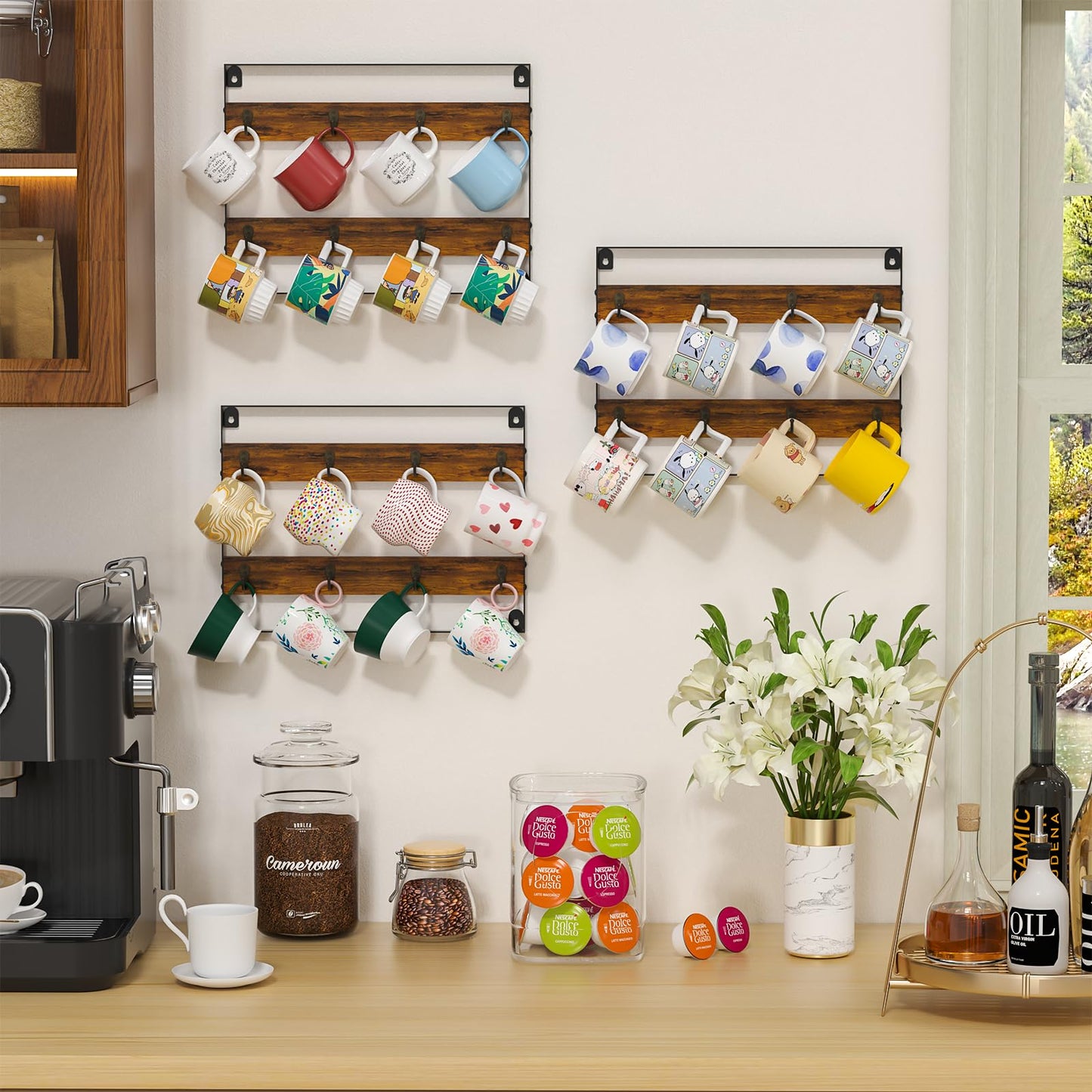 Rustic Wood Coffee Mug Rack - Wall Mount Cup Holder Shelf Storage for Kitchen, Home, Bar, Office (4 Pack, Holds 32 Mugs)