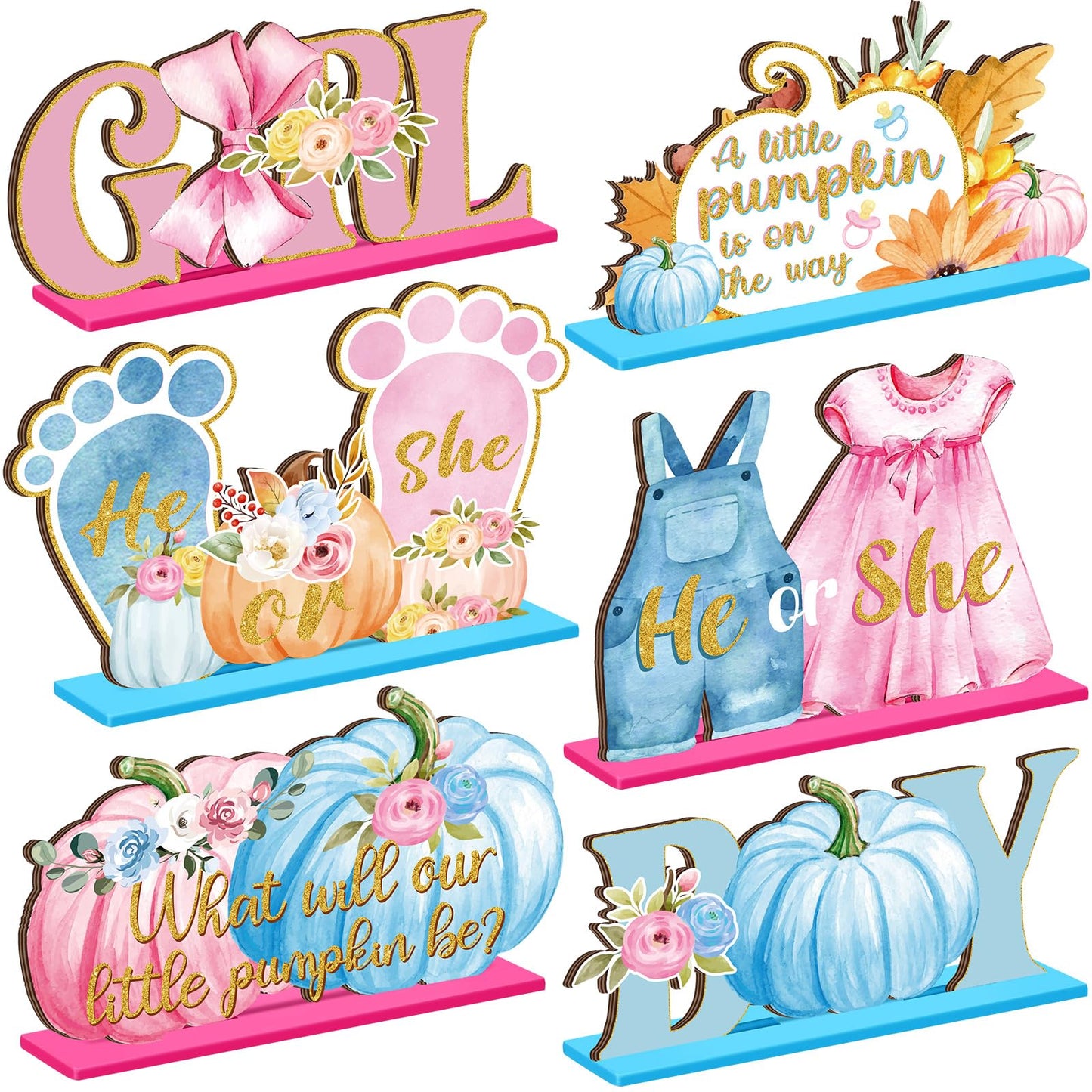 DoubleFill 6 Pcs Fall Little Thanksgiving Pumpkin Decorations Gender Reveal Party Table Centerpieces is on The Way Table Decor Boy Girl Toppers for Autumn Home He or She Party(Pink and Blue,Cute)