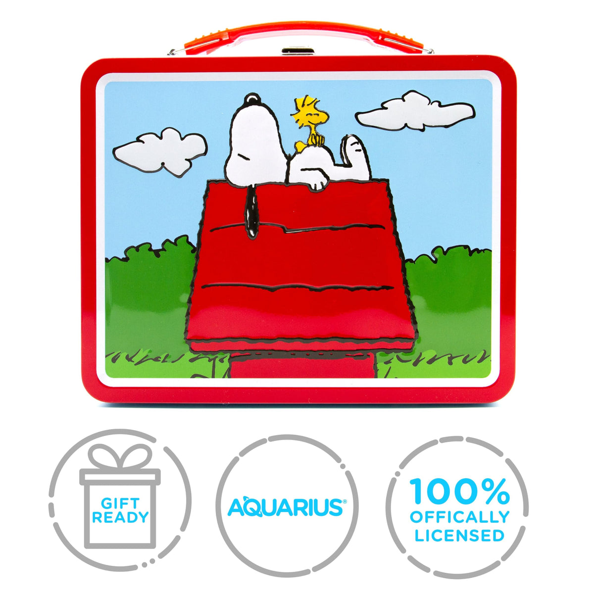Aquarius Peanuts Snoopy Tin Fun Box with Embossed Cover and Handle 8 x 6 Inches - Collectible Retro Container for Kids Toys, Cards and Memorabilia