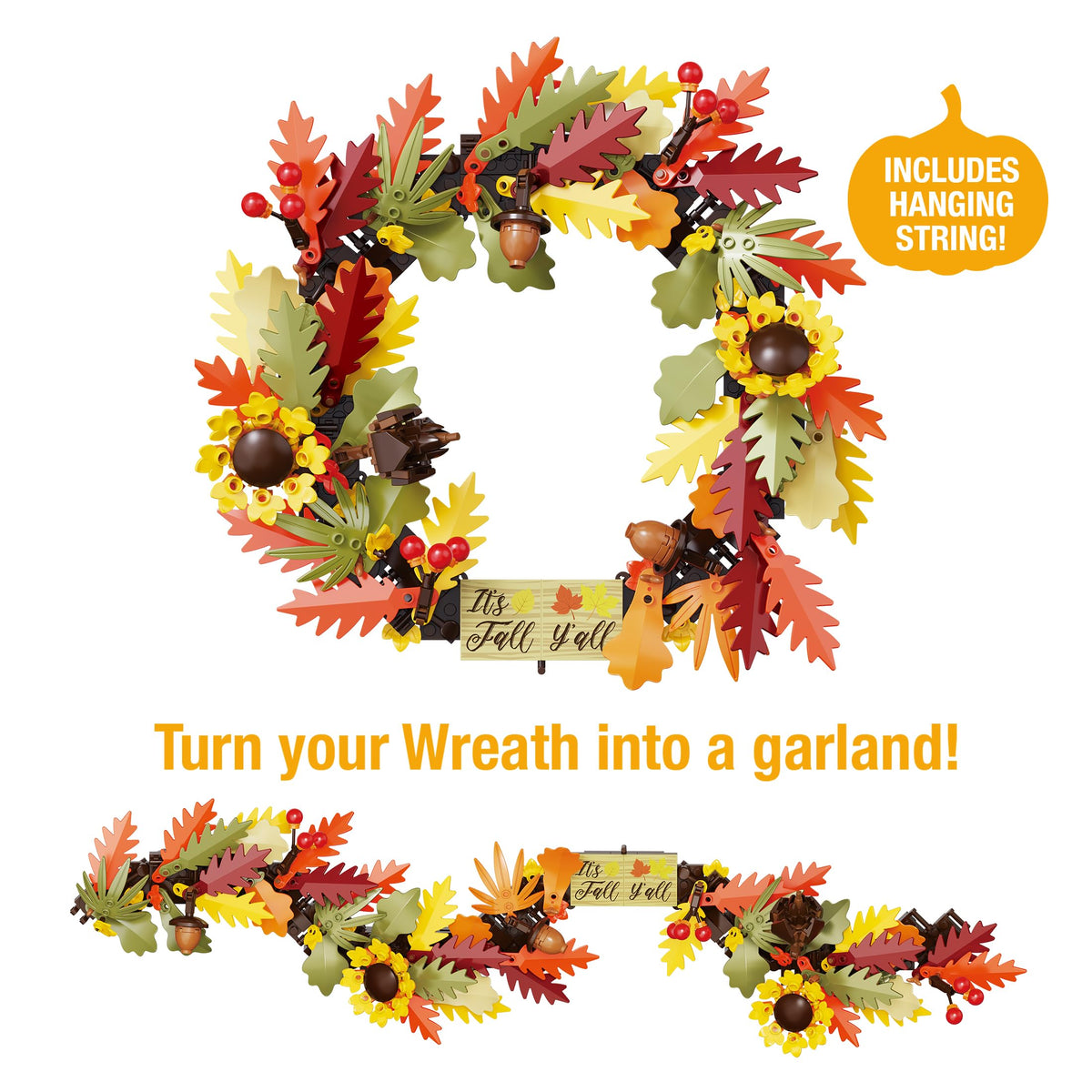 Brickcraft Harvest Wreath Brick Building Kit, 382 Pieces | DIY Autumn & Halloween Home Décor | 2-in-1 Fall Wreath & Garland Craft | Festive Thanksgiving Decoration Gift for Kids & Adults, Ages 8+