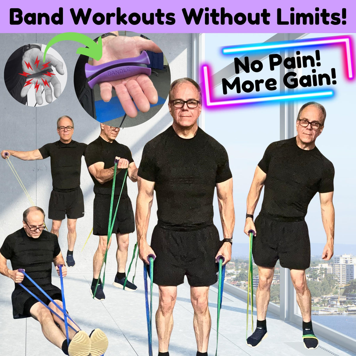 Bandles™ - True Ergonomic Resistance Band Handles | Unleash the Full Potential of Pain-Free, Full-Body Workouts | Durable & Comfortable for High-Intensity Training (2 Handles) (Purple, Standard)