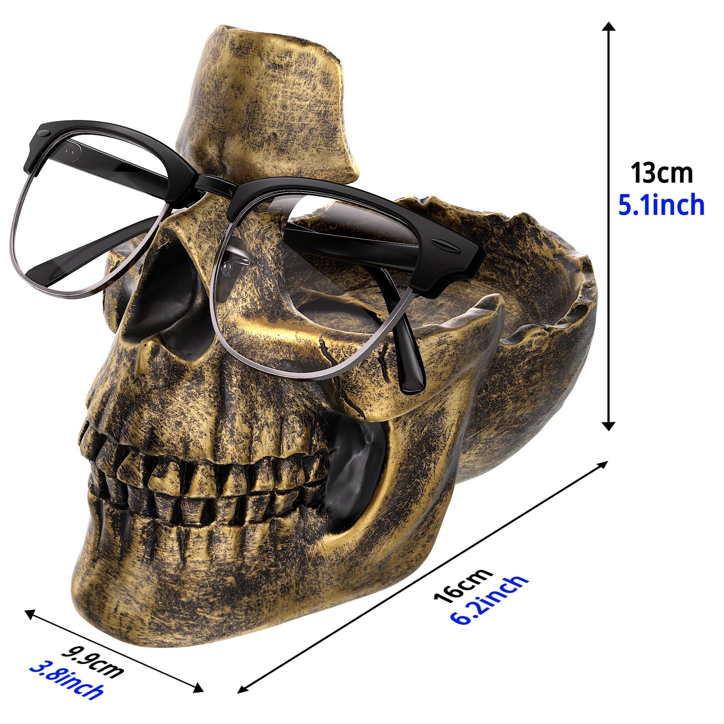 READAEER Skull Glasses Stand Holder, Creative Eyeglasses Holder, Sunglasses Spectacle Display Rack, Key Holder Resin Sculptures for Entryway, Home, Office, Desk, Nightstand (Bronze)
