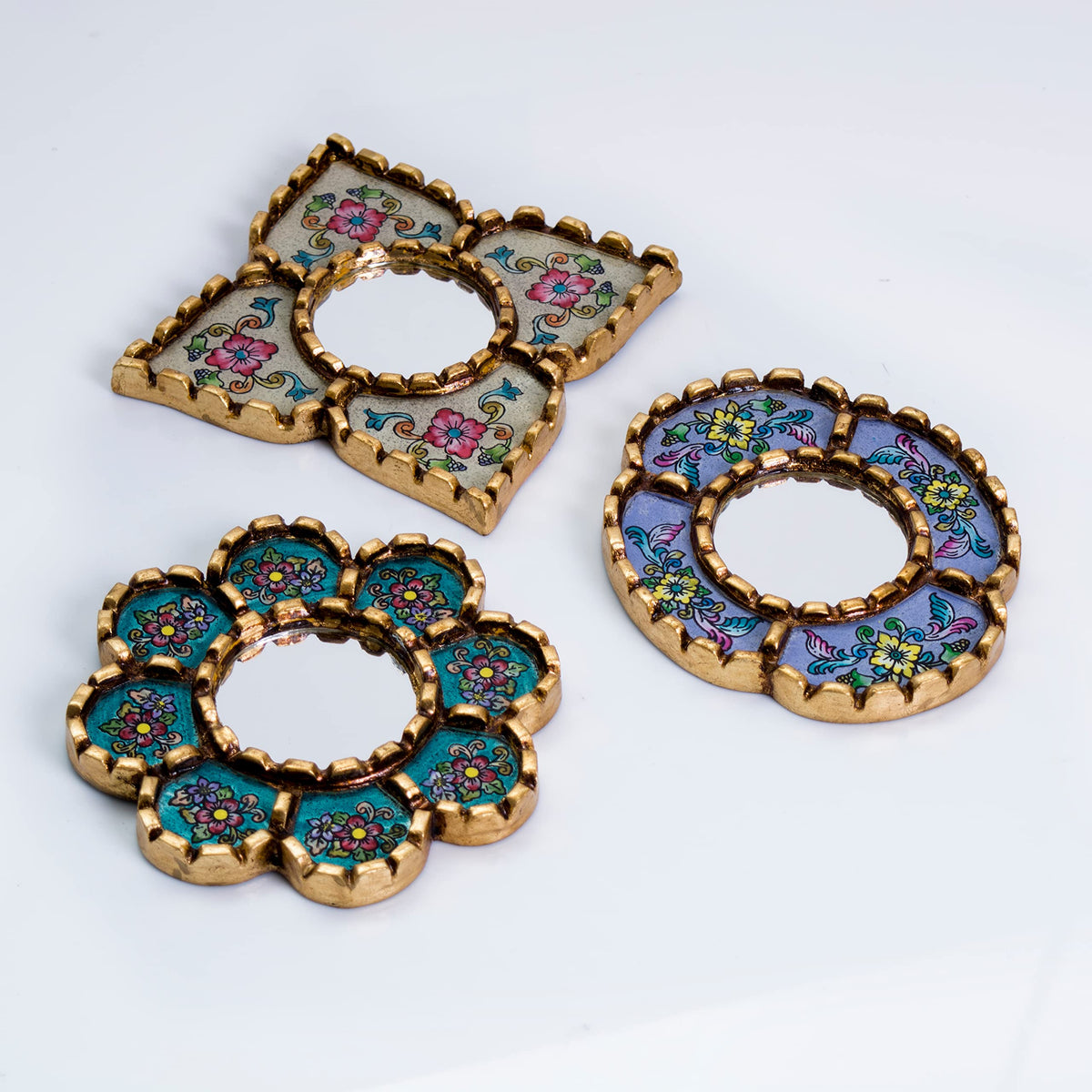 DECORCONTRERAS Artisan Handcrafted Wall Mirror Set, 3 Floral Shape Mirrors, Bronze Finish Frame, Turquoise Purple Beige Glass