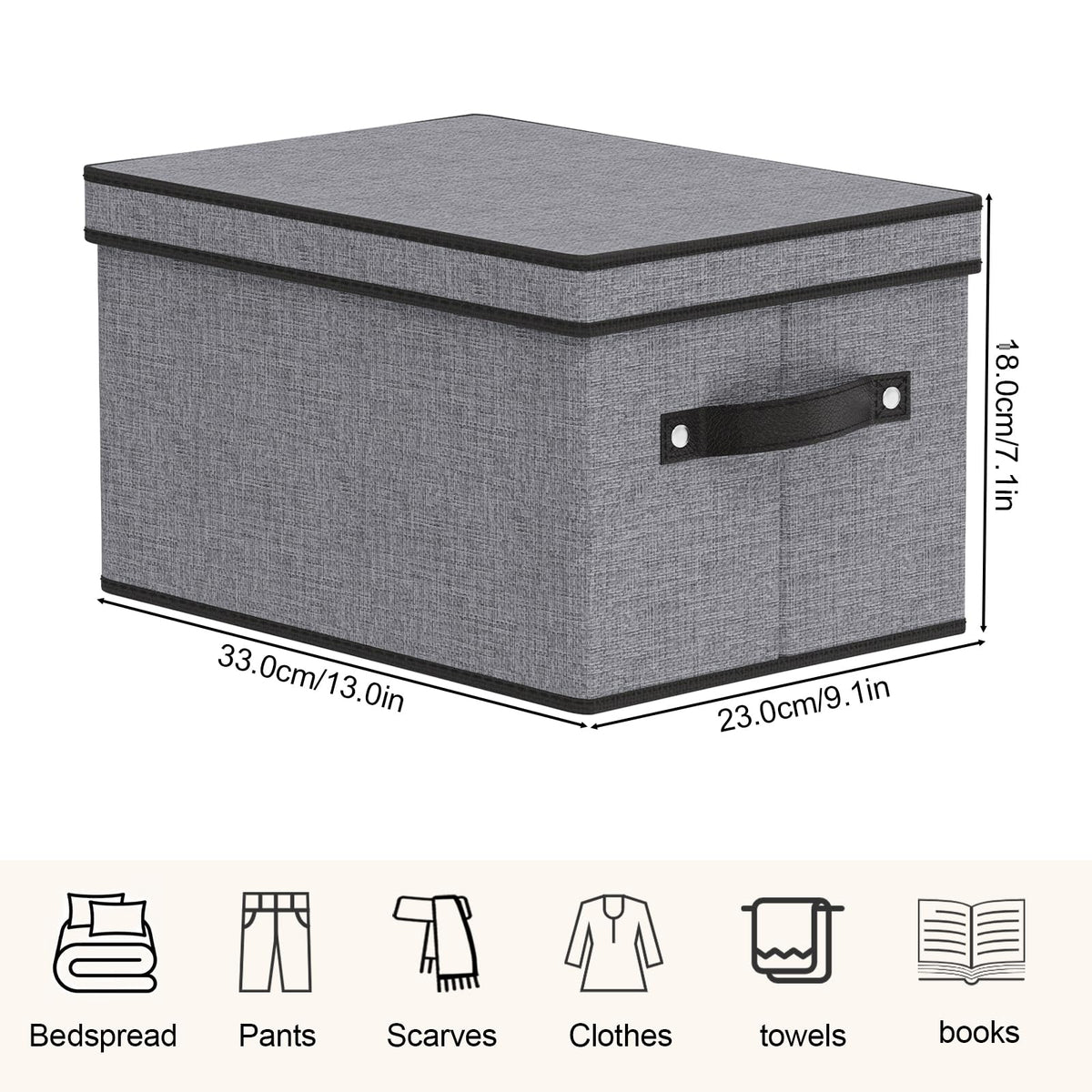 YheenLf Fabric Storage Bin with Lid, 7.1 x 9.1 x 13 Inch Foldable Storage Box for Shelves with Handles, Decorative Linen Closet Organizer, Gray, 1-Pack
