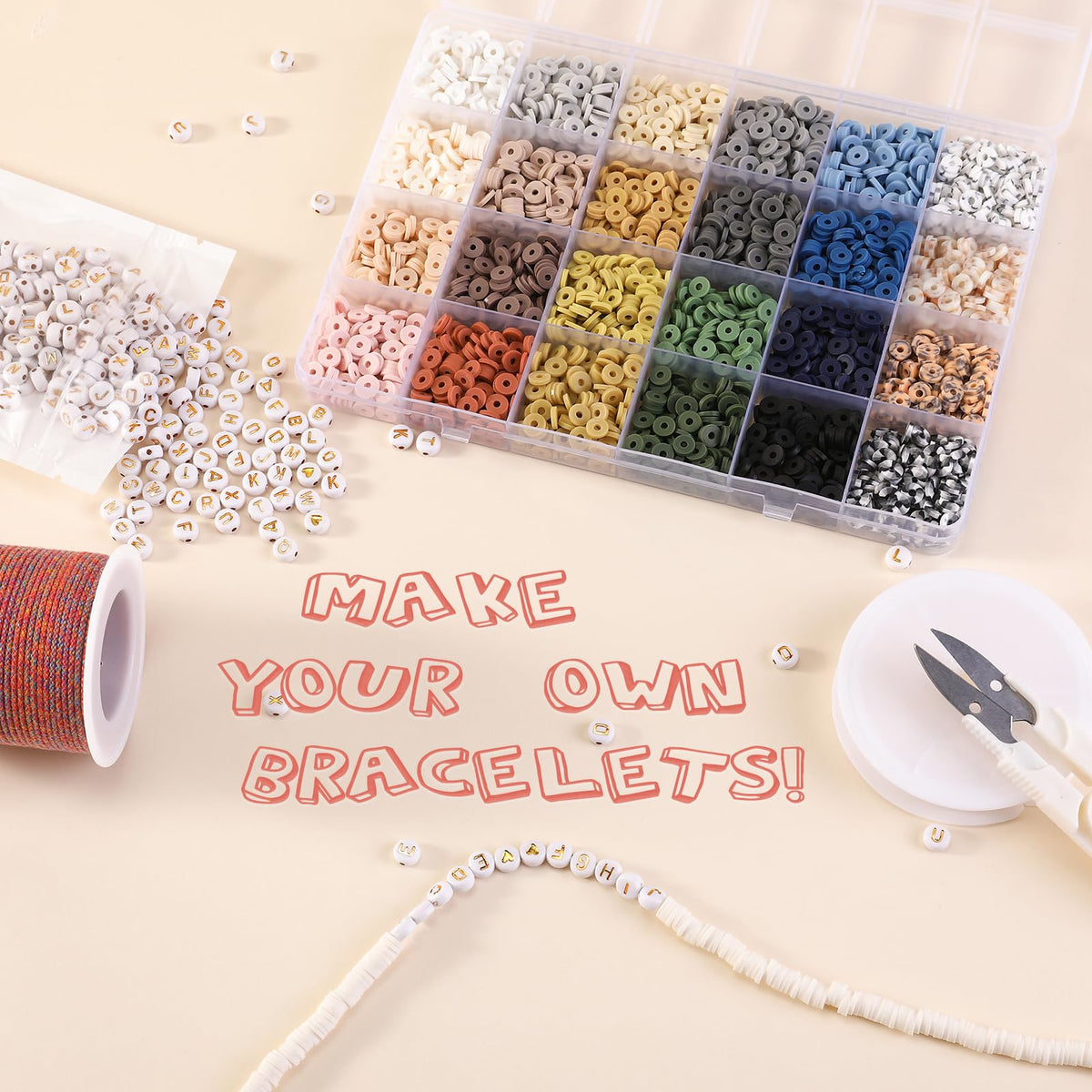 ADIIL 7200 Pcs Clay Beads Friendship Bracelet Making Kit, 24 Colors 6mm Polymer Heishi Beads, Neutral
