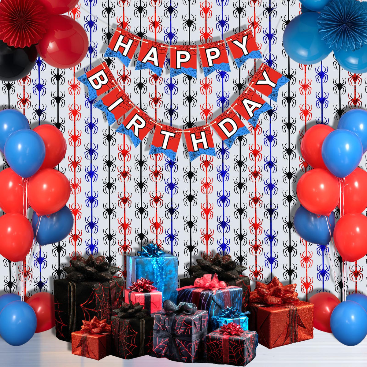 OQOQ Spider Birthday Decorations, 1 Set Banner & 2 Pcs Red Black Blue Spider Tinsel Foil Fringe Curtains Backdrops (3.3x6.6 ft), Large Birthday Photo Booth Props Indoor Party Boy Room Decor
