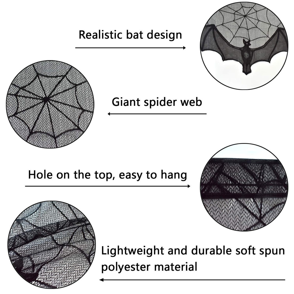 ZeeDix 2 Pcs Halloween Black Lace Bat Window Curtains- Spiderweb Tablecloth Bat Shower Curtain Window Valance Spider Cobweb Fireplace Mantles Scarf for Halloween Party Decor, Party Supplies